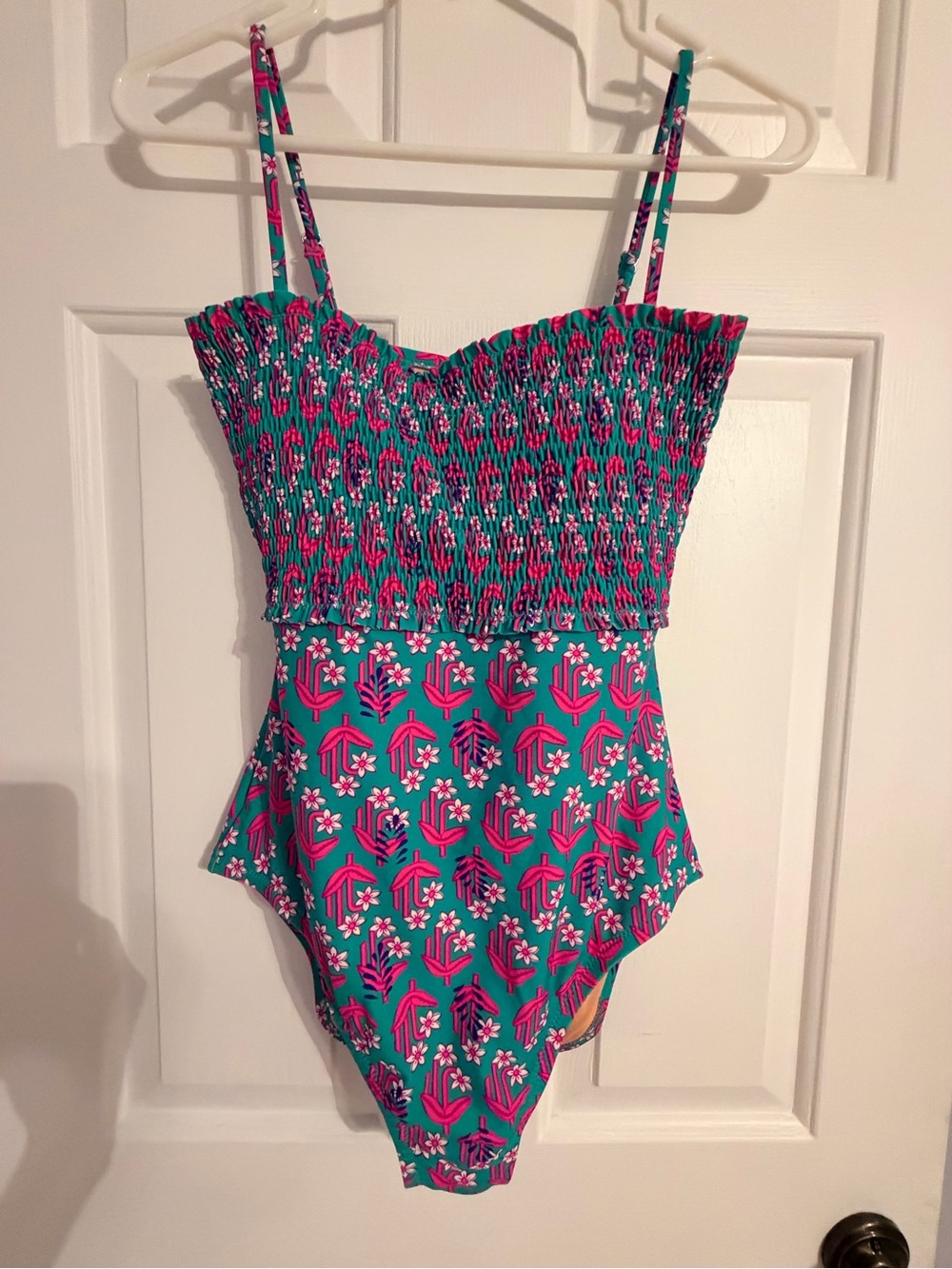 J. Crew Teal and Hot Pink Floral Smocked One-Piece Swimsuit